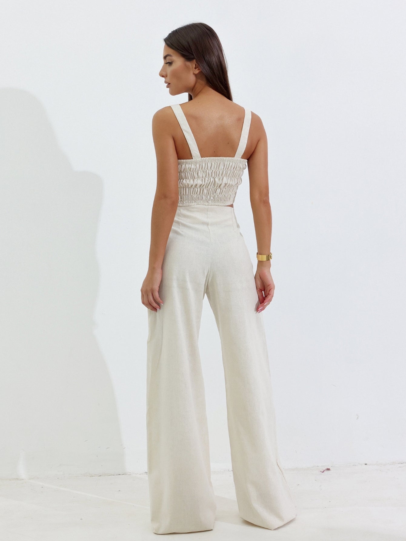 Conjunto de Linho Calça Pantalona Wide Leg e Cropped Alças Finas Lucy