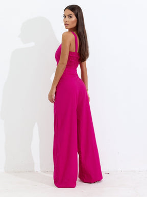 Conjunto de Linho Calça Pantalona Wide Leg e Cropped Alças Finas Lucy