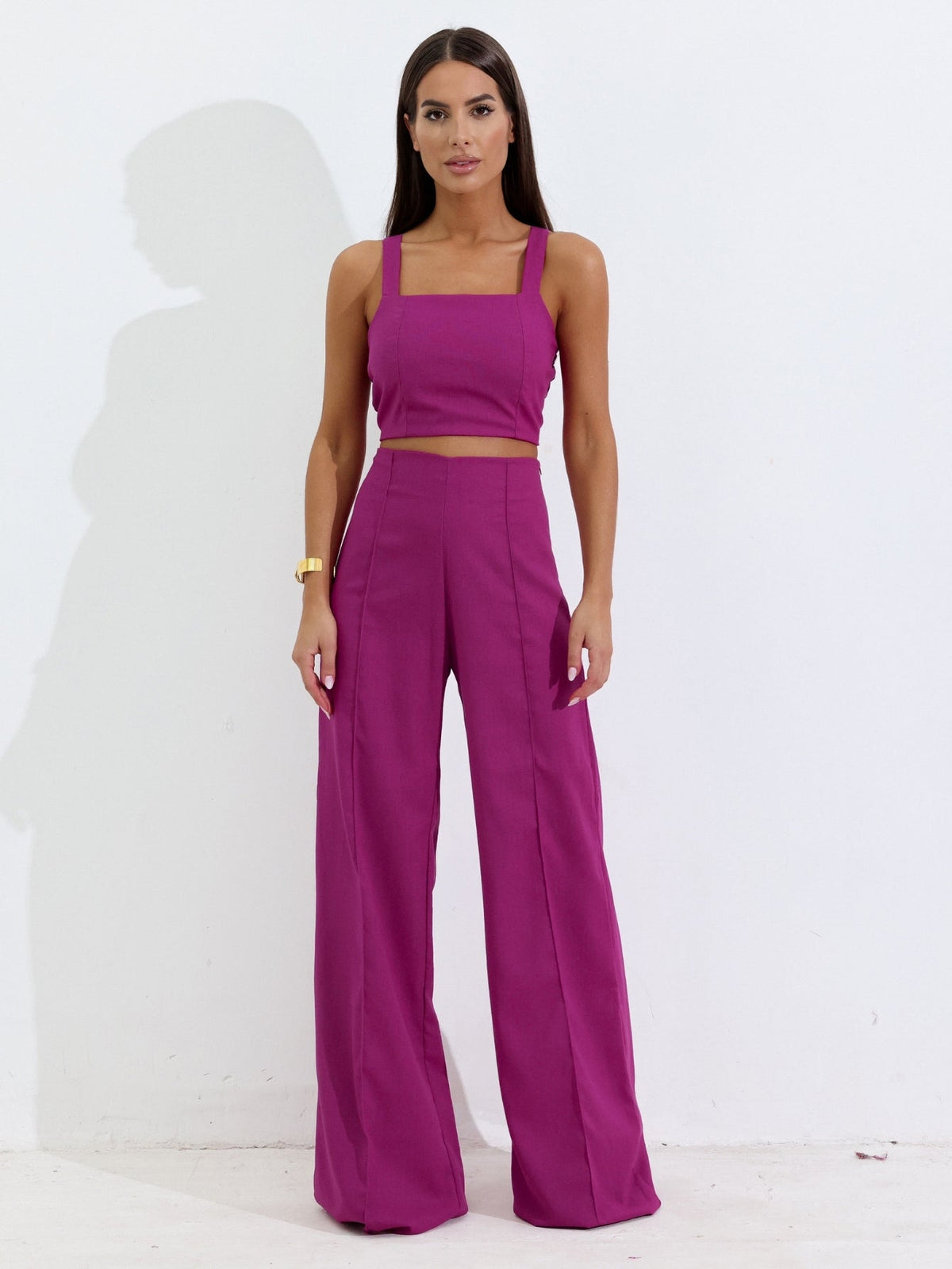 Conjunto de Linho Calça Pantalona Wide Leg e Cropped Alças Finas Lucy