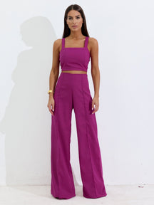 Conjunto de Linho Calça Pantalona Wide Leg e Cropped Alças Finas Lucy