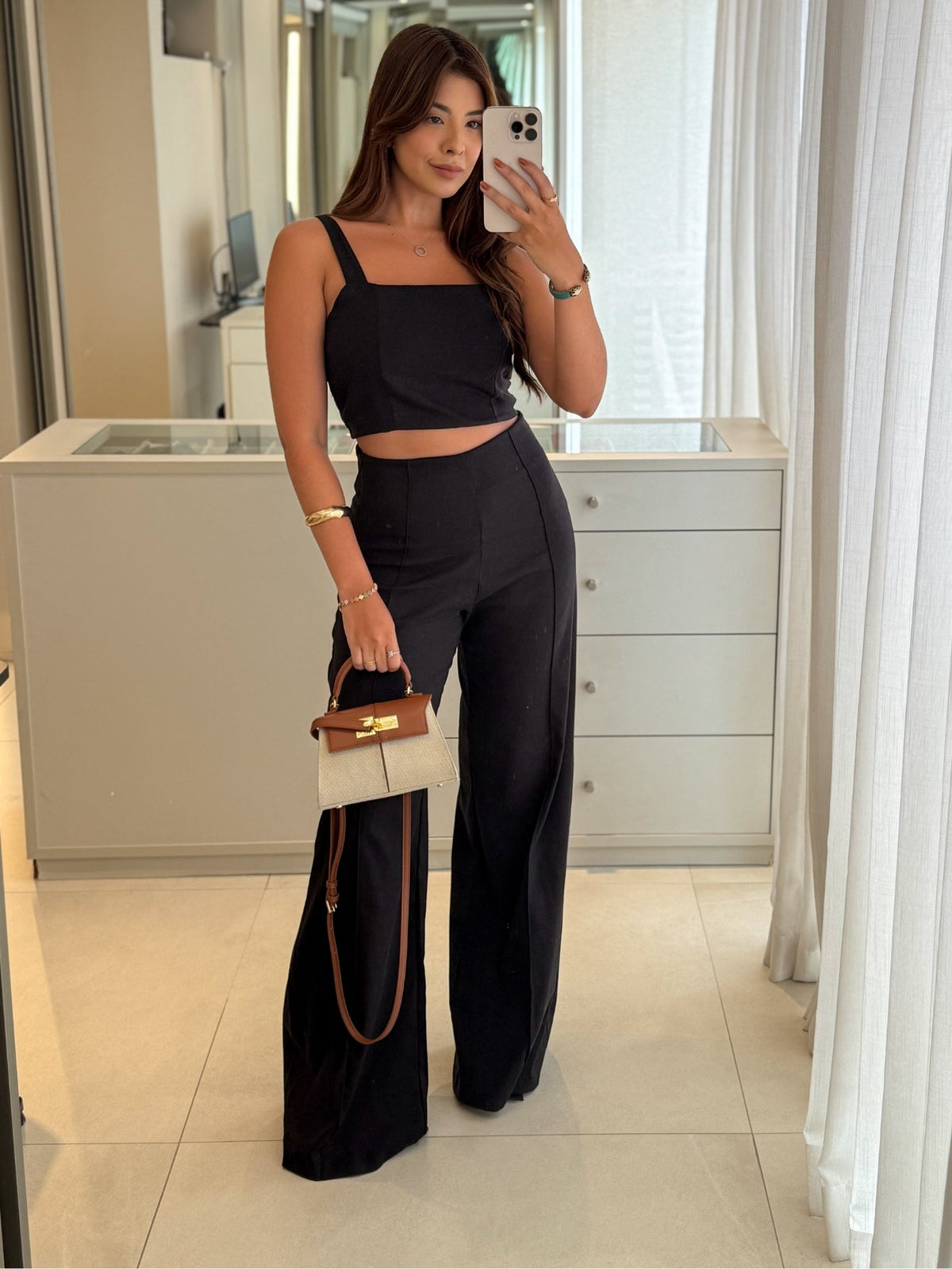 Conjunto de Linho Calça Pantalona Wide Leg e Cropped Alças Finas Lucy