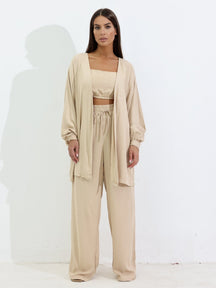 Conjunto Feminino Luna 3 Peças em Twill – Kimono, Calça Pantalona e Top