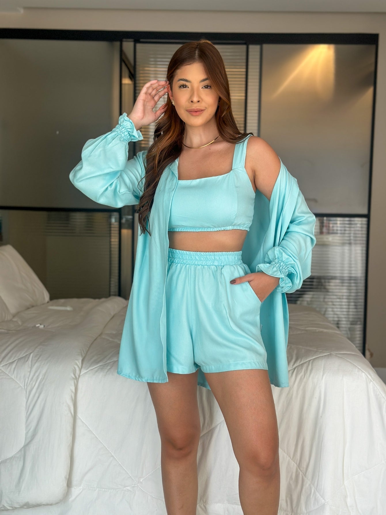 Conjunto Comfy Cropped + Short + Kimono Casual Marcela