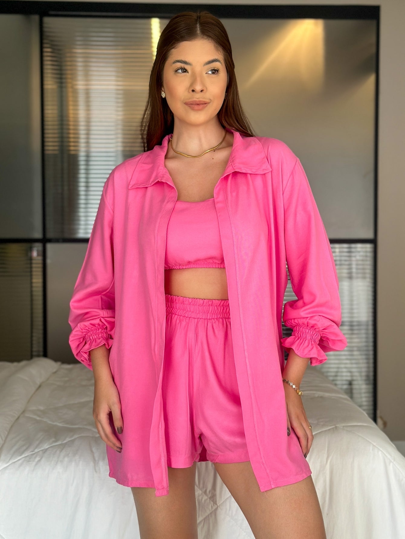 Conjunto Comfy Cropped + Short + Kimono Casual Marcela