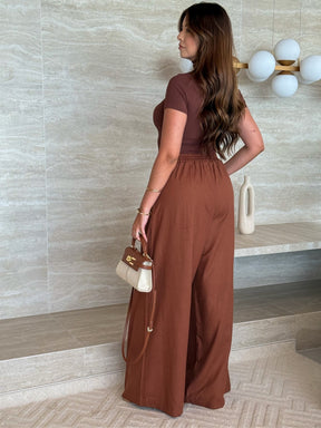 Calça Pantalona de Linho Cintura Alta com Elástico e Bolso Lateral Carmela