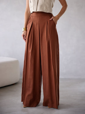 Calça Pantalona de Linho Cintura Alta com Elástico e Bolso Lateral Carmela