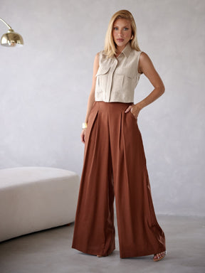 Calça Pantalona de Linho Cintura Alta com Elástico e Bolso Lateral Carmela