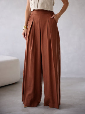 Calça Pantalona de Linho Cintura Alta com Elástico e Bolso Lateral Carmela