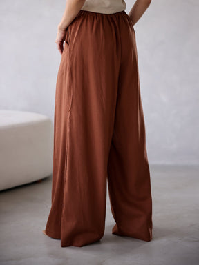 Calça Pantalona de Linho Cintura Alta com Elástico e Bolso Lateral Carmela