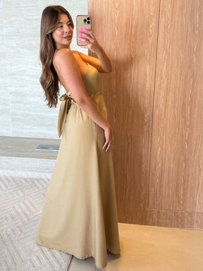 Vestido Longo Mayara em Alfaiataria Sensoriale – Tomara que Caia com Laço nas Costas