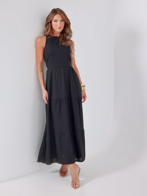 Vestido Longo Liso de Linho Sem Manga Zíper nas Costas Flora