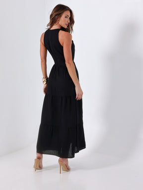 Vestido Longo Liso de Linho Sem Manga Zíper nas Costas Flora