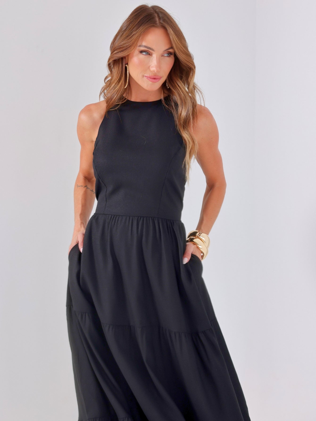 Vestido Longo Liso de Linho Sem Manga Zíper nas Costas Flora