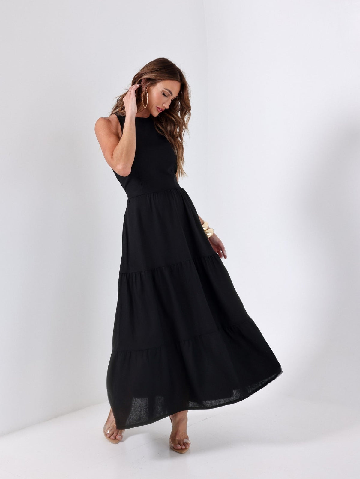 Vestido Longo Liso de Linho Sem Manga Zíper nas Costas Flora