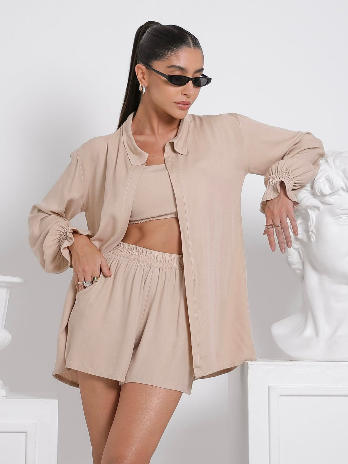 Conjunto Comfy Cropped + Short + Kimono Casual Marcela