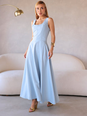 Vestido Longo Alfaiataria Decote Quadrado e Bolsos Yanca